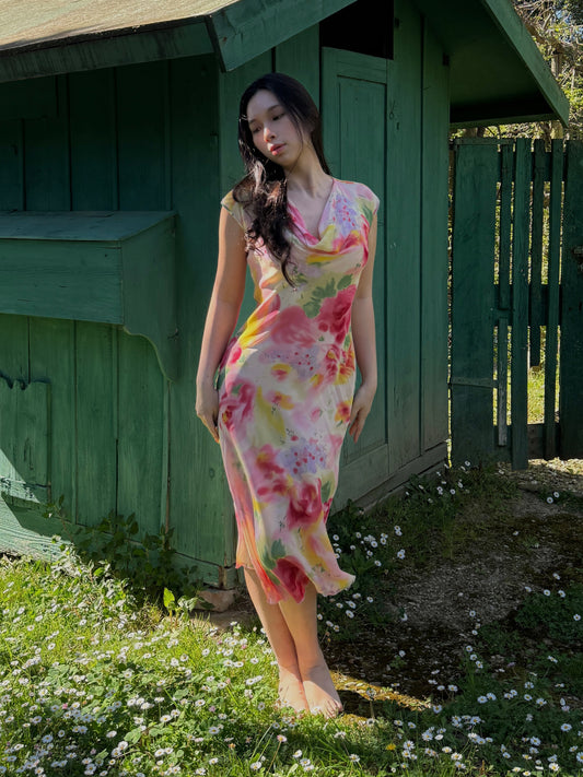 Emanuel Ungaro 1999SS Watercolour Floral Silk Chiffon Dress