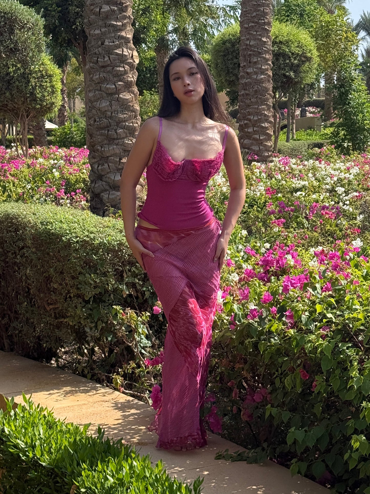 Blumarine 2000s Dark Fuchsia Ruffle Bralette Top & Just Cavalli Psychedelic Sheer Skirt