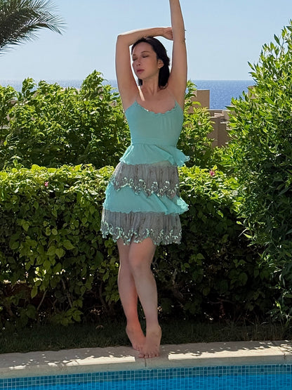 Blugirl Blumarine 2005SS Blue Silk Chiffon Dress with Pailettes