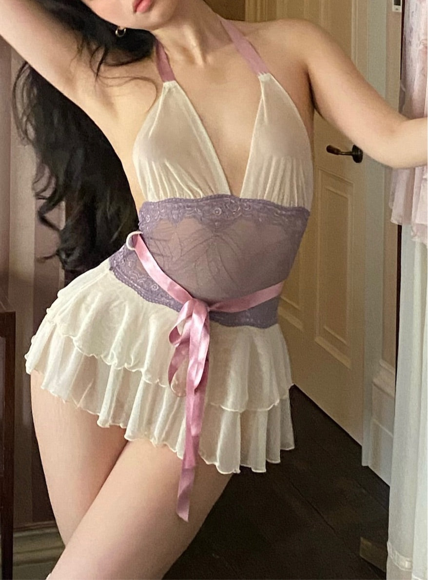 Cream And Purple Halter Babydoll With Ribbon Details