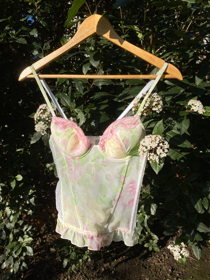 Garden Corset With Pink Lace Trimming And Ruffled Hem