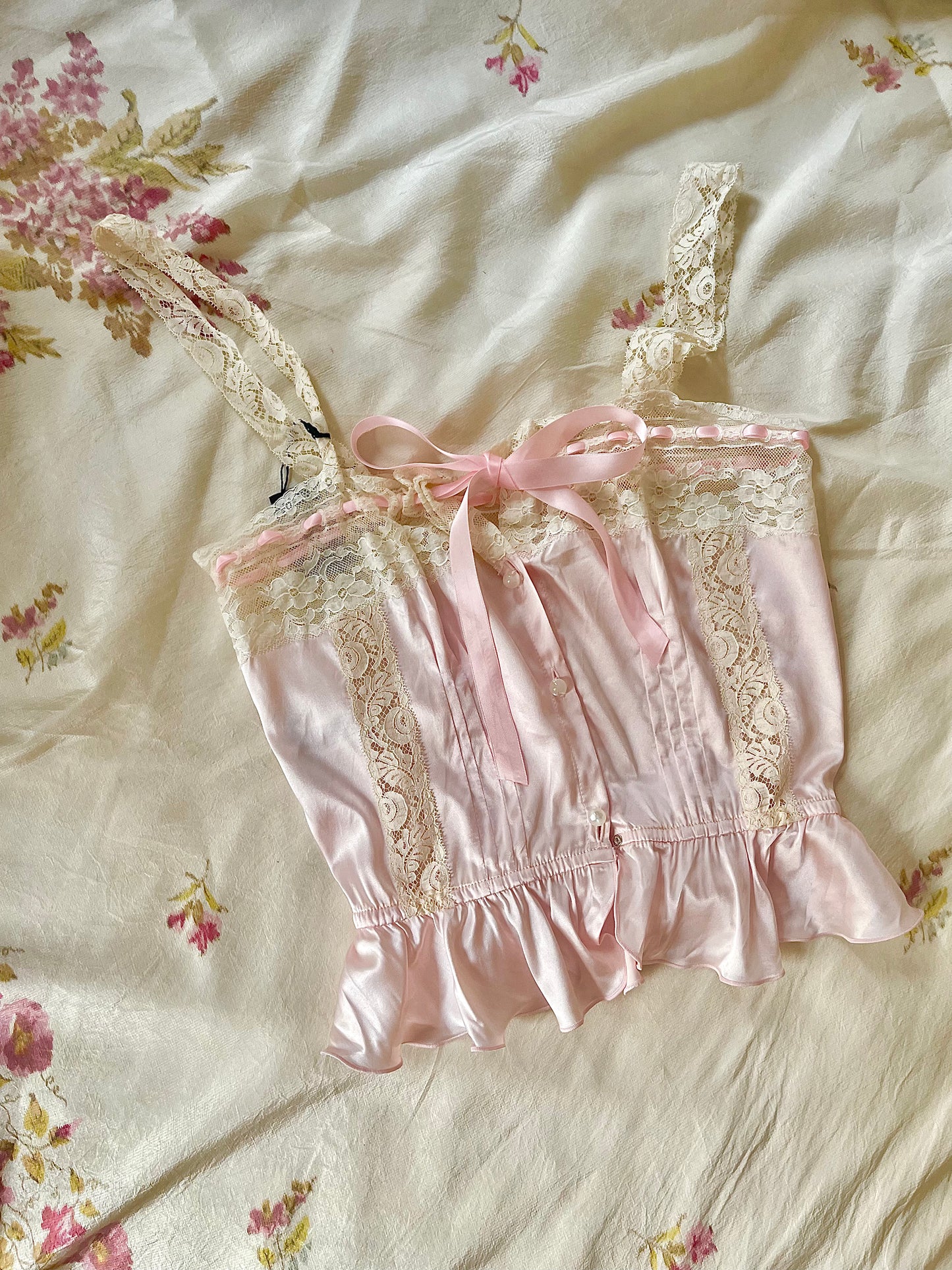 Pink Silk Camisole With Lace And Ribbon Details