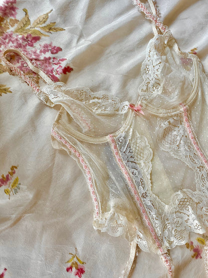 Cream Corset With Lace Embellishments And Pink Boning